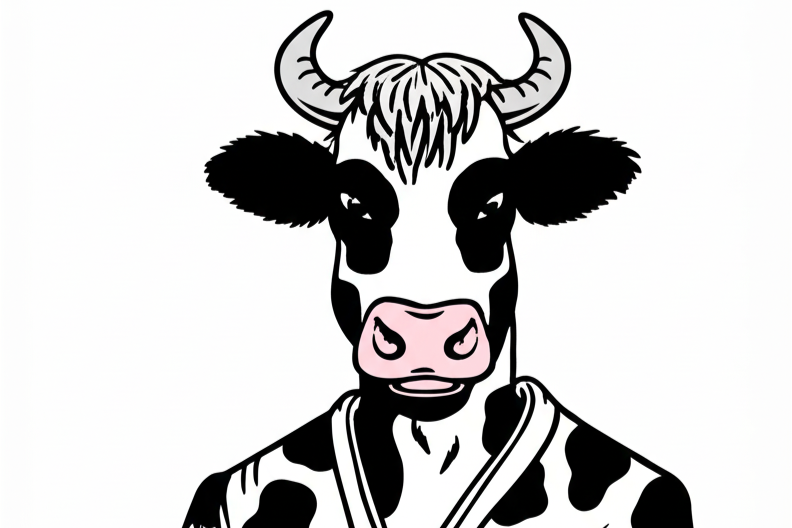 Cow in a kimono with black and white pattern on a white background
