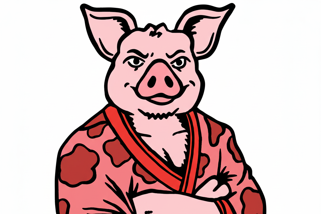 Cartoon pig in a red kimono with a black belt on a white background