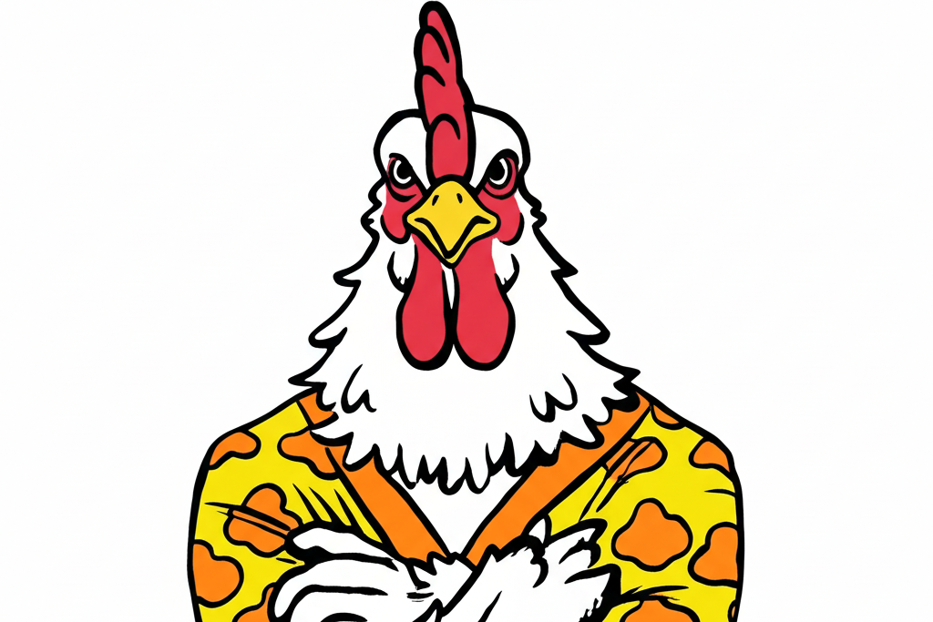 Cartoon rooster in a yellow robe with orange patterns on a white background